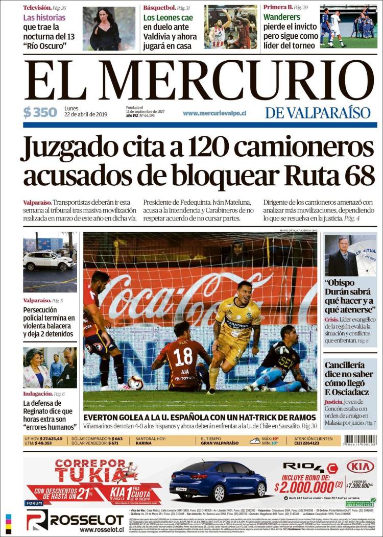 Portada de Mercurio de Valparaiso (Chile)
