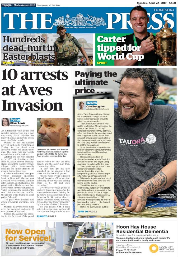 Portada de The Press (Nueva Zelanda)