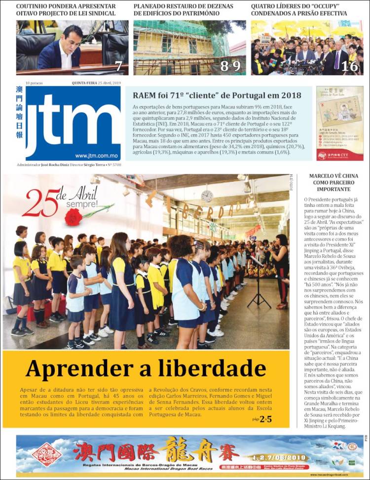 Portada de Jornal Tribuna de Macau (China)