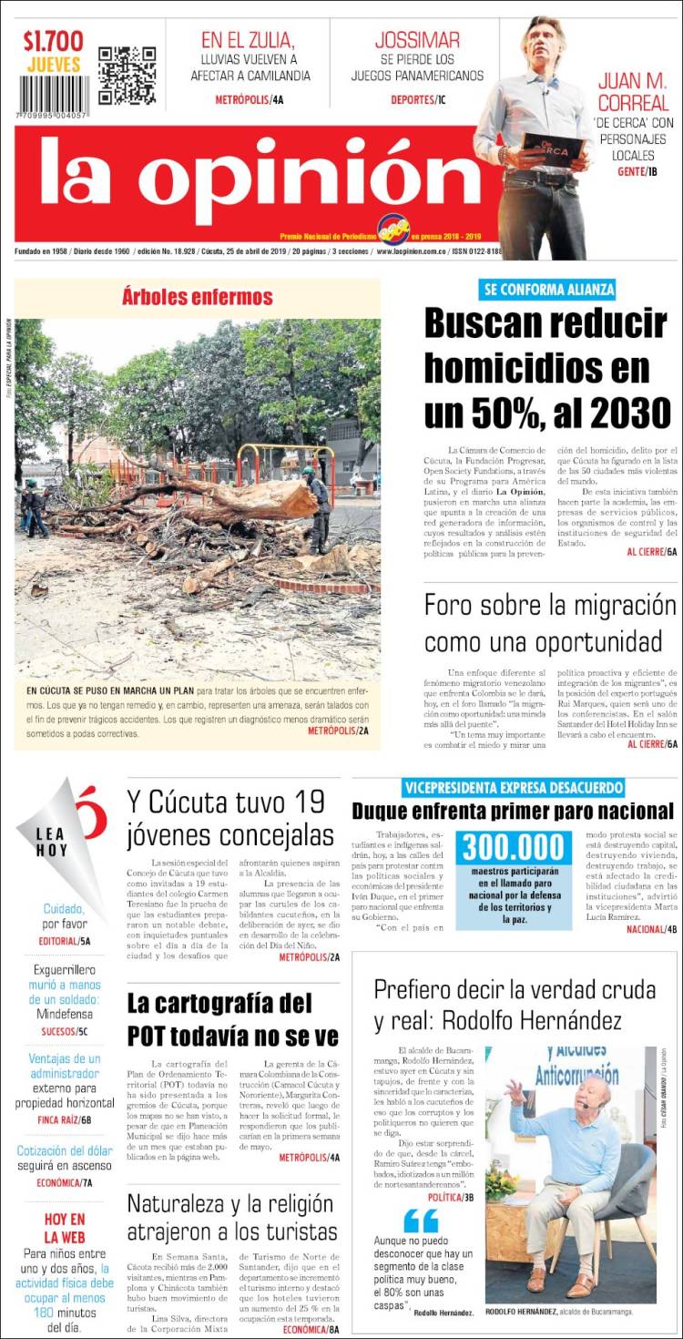 Portada de Diario La Opinion (Colombia)