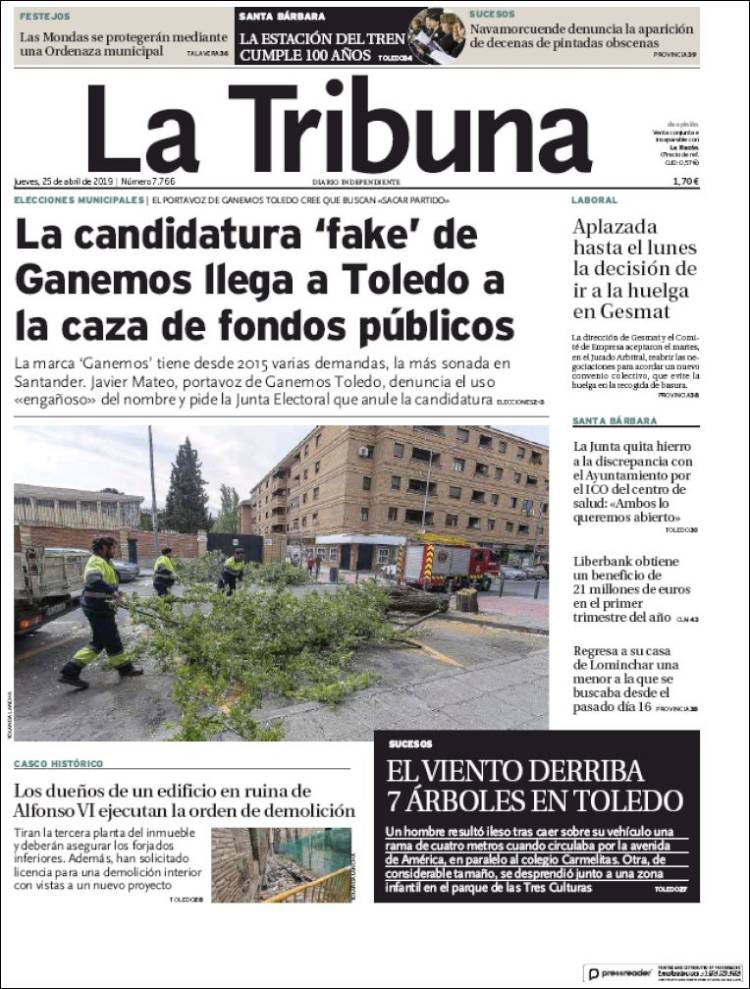 Portada de La Tribuna de Toledo (Espa&ntilde;a)