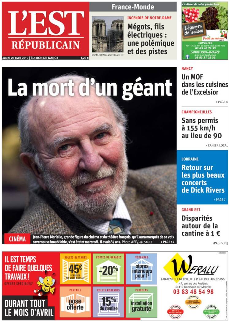 Portada de L'Est Republicain (Francia)