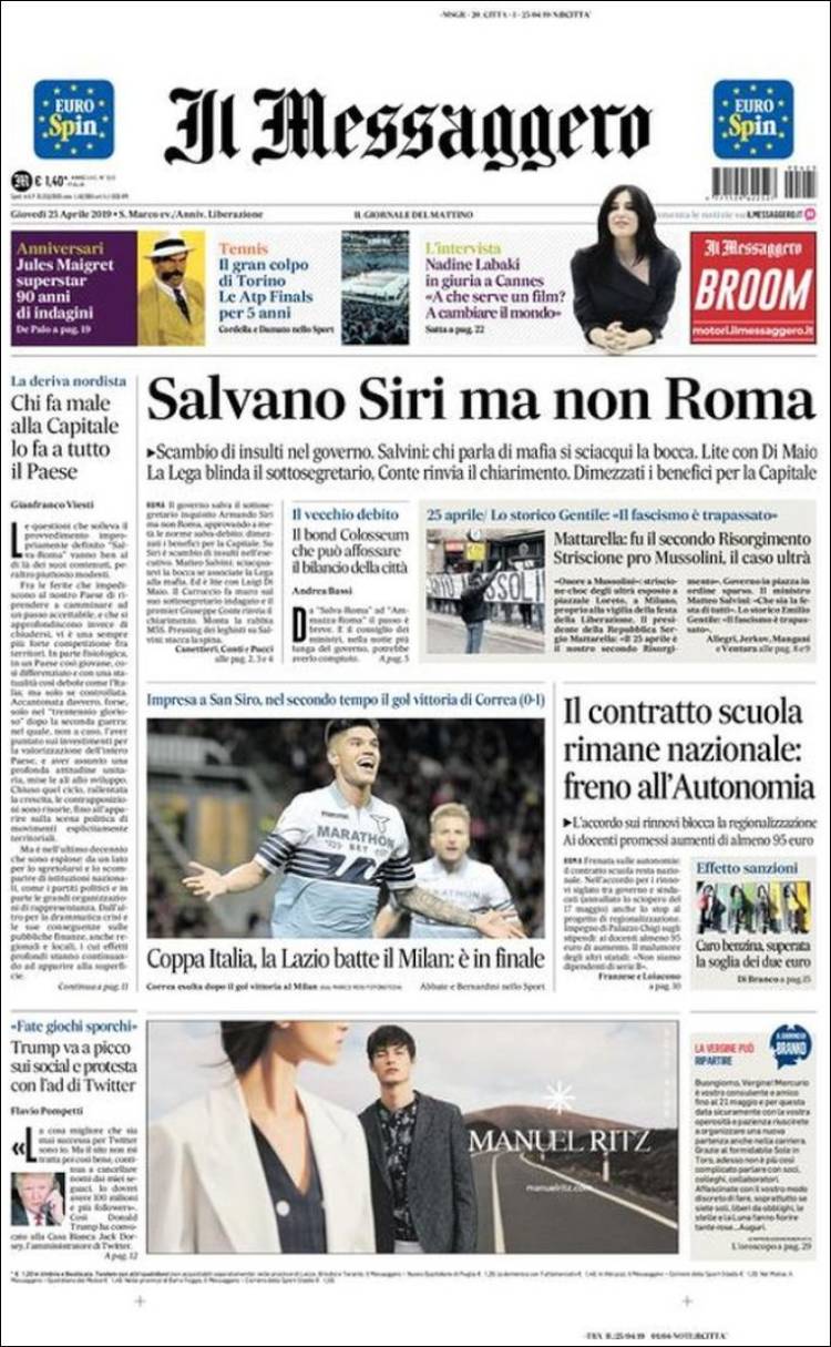 Portada de Il Messaggero (Italia)