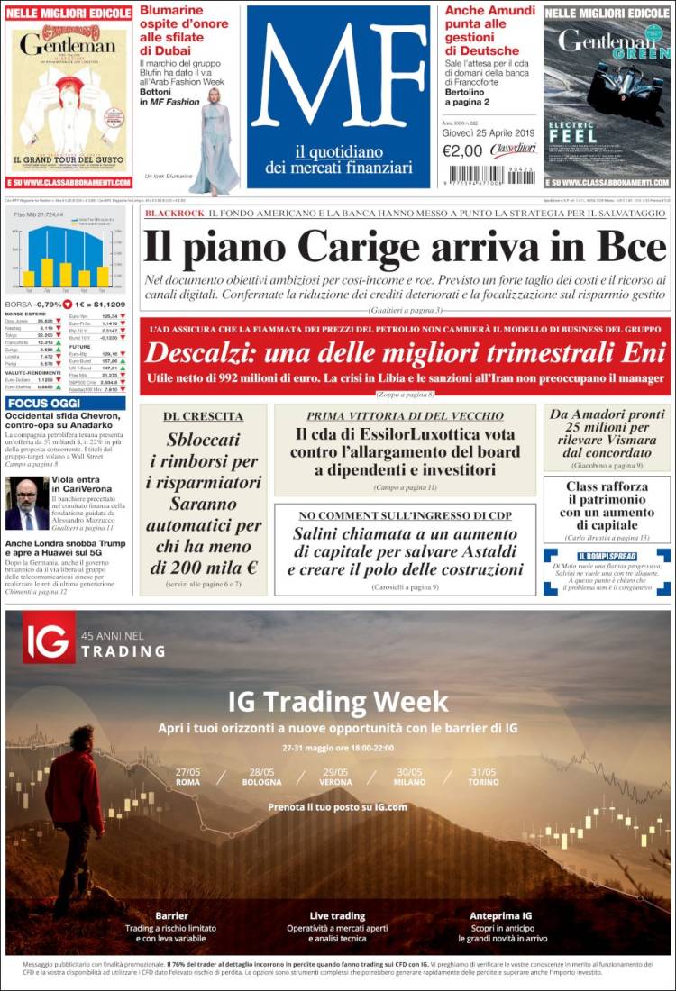 Portada de Milano Finanza (Italia)