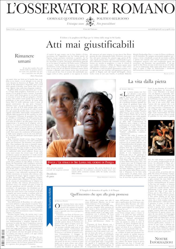 Portada de L'Osservatore Romano (Italia)