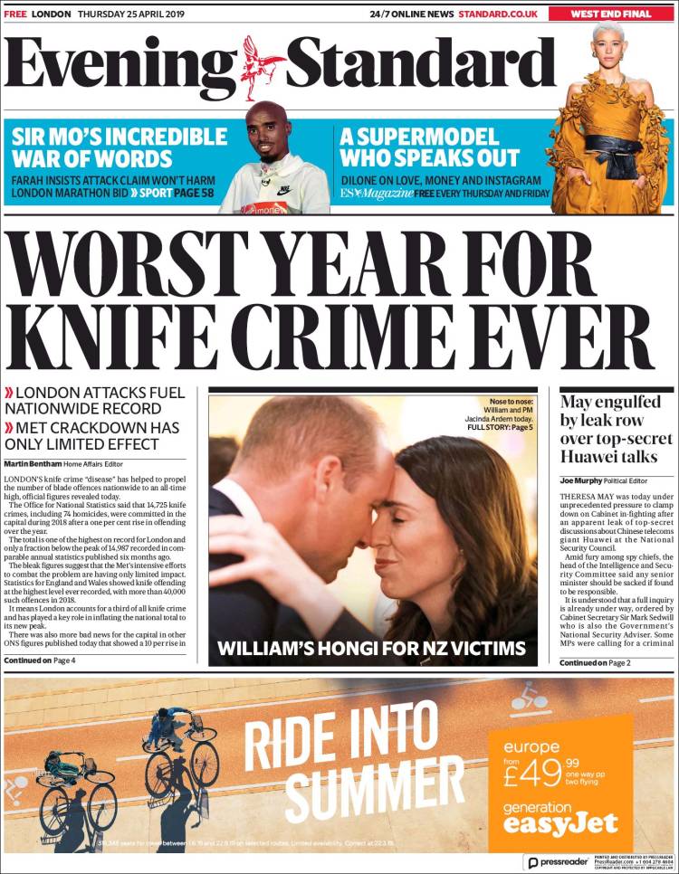 Portada de Evening Standard (Reino Unido)