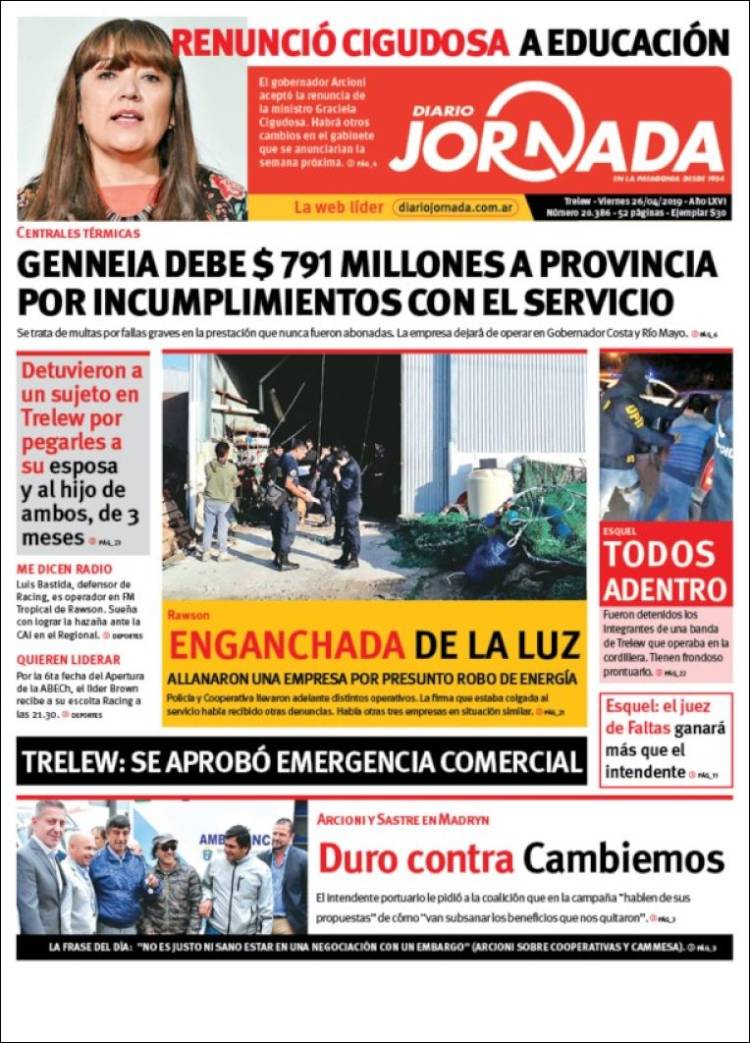 Portada de Diario Jornada en la Patagonia (Argentina)