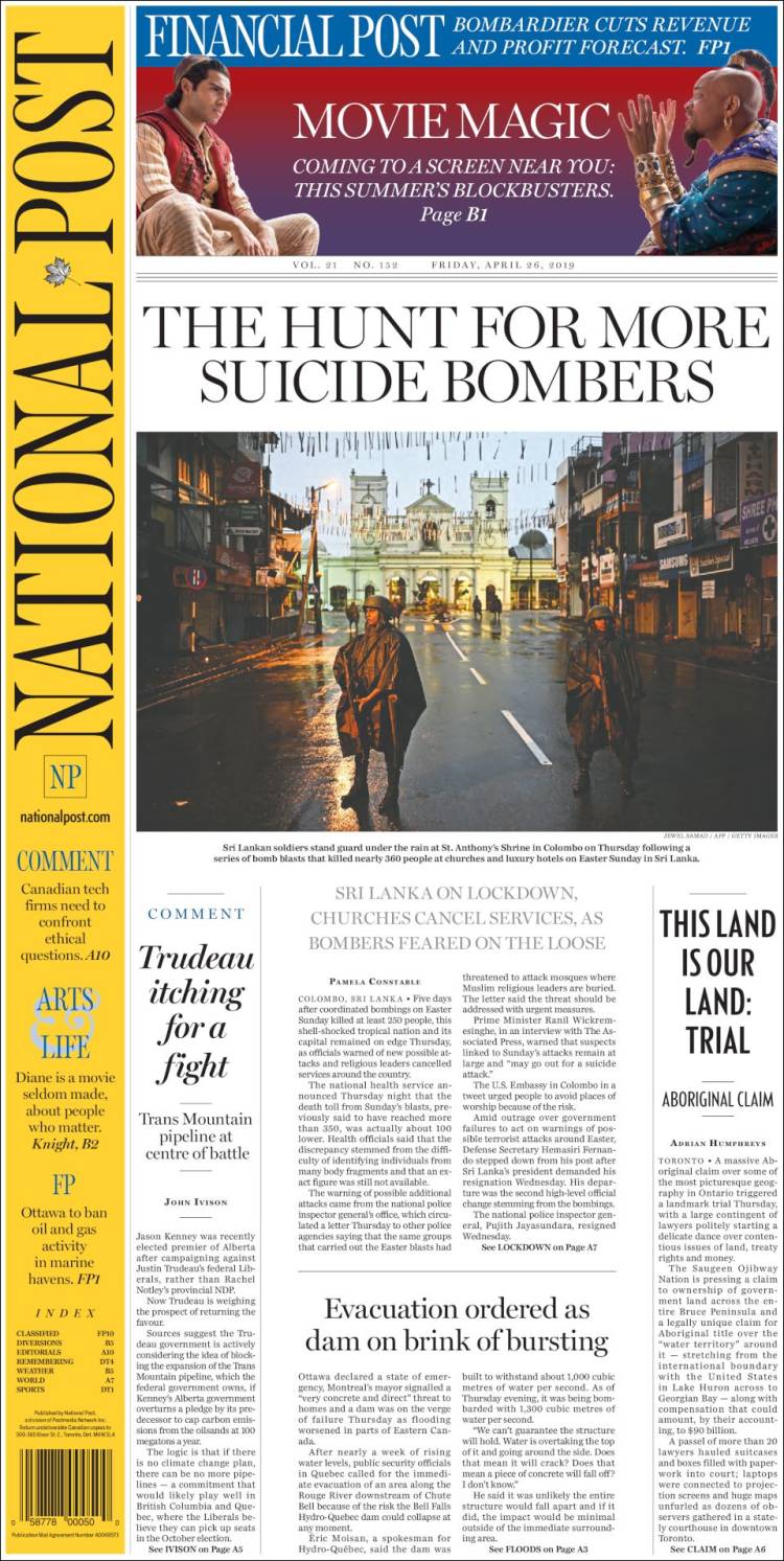 Portada de The National Post (Canada)