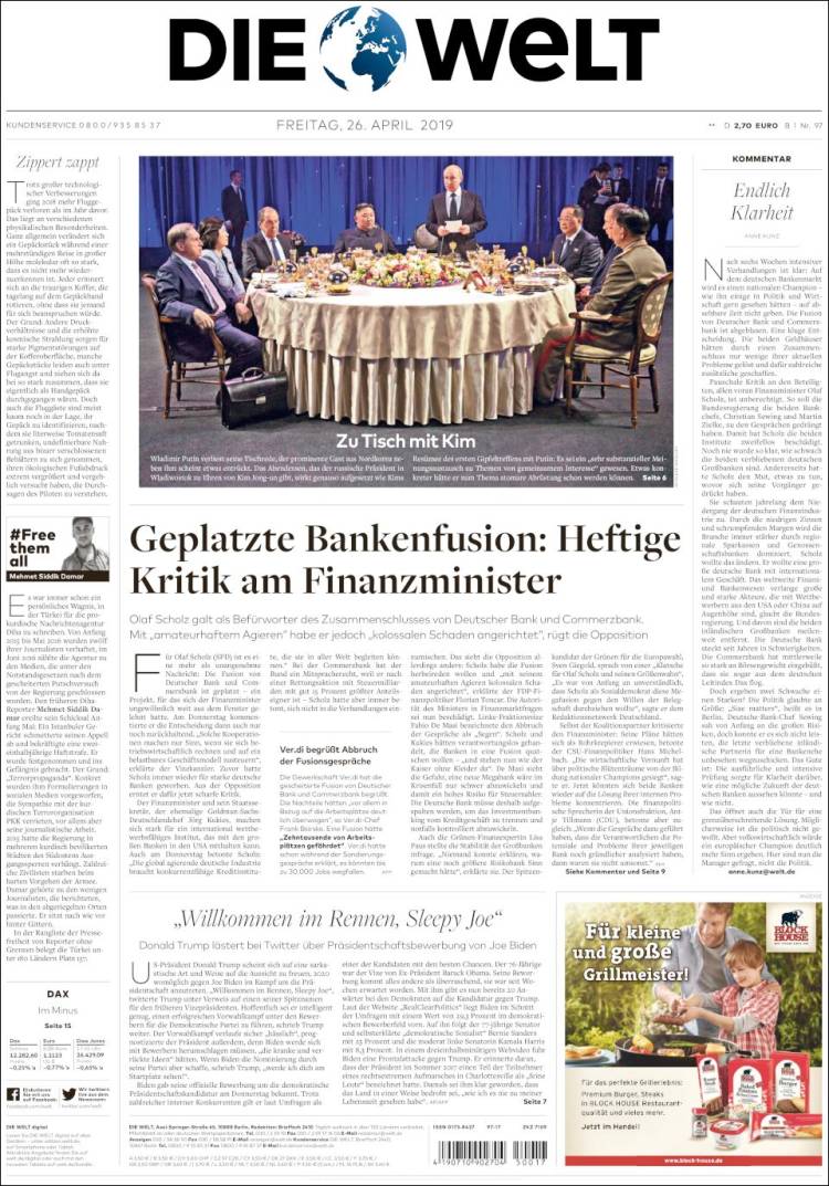 Portada de Die Welt (Alemania)