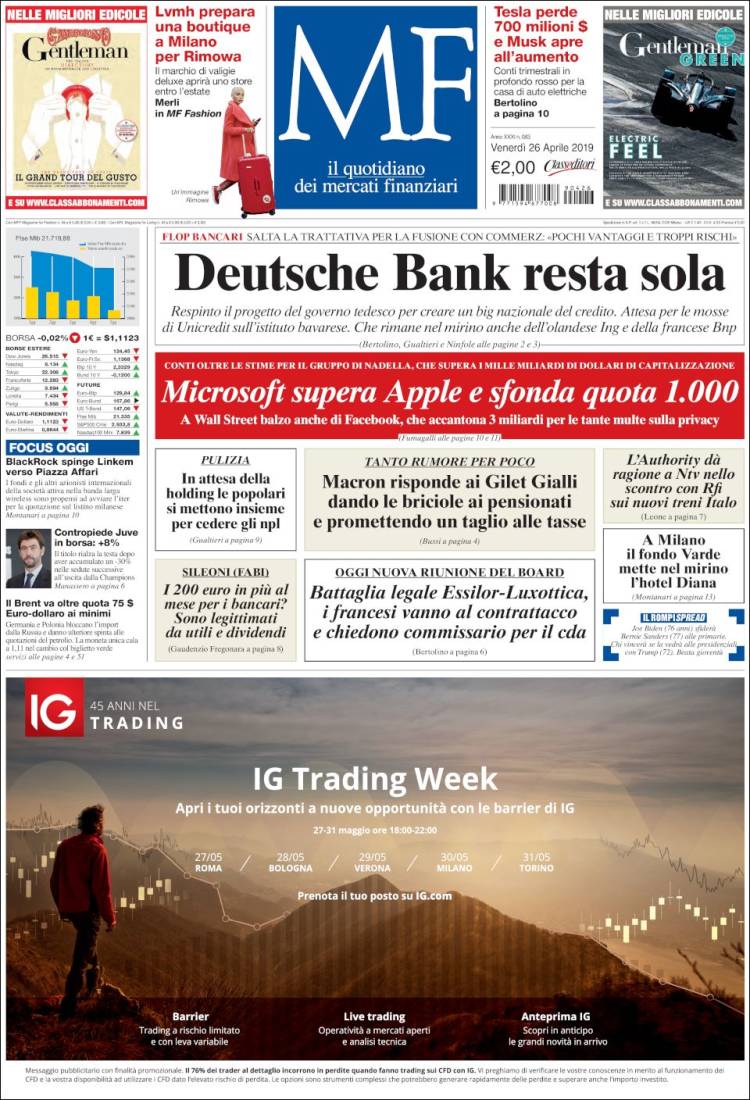 Portada de Milano Finanza (Italia)