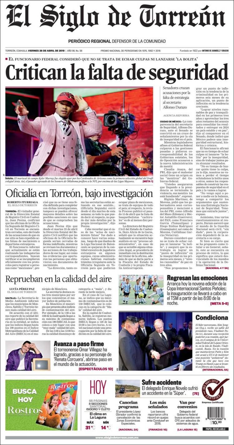 Portada de El Siglo de Torreon (México)