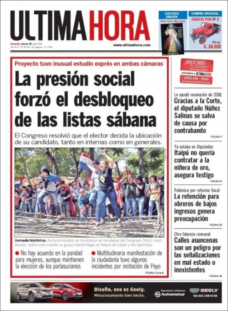 Portada de Última Hora (Paraguay)