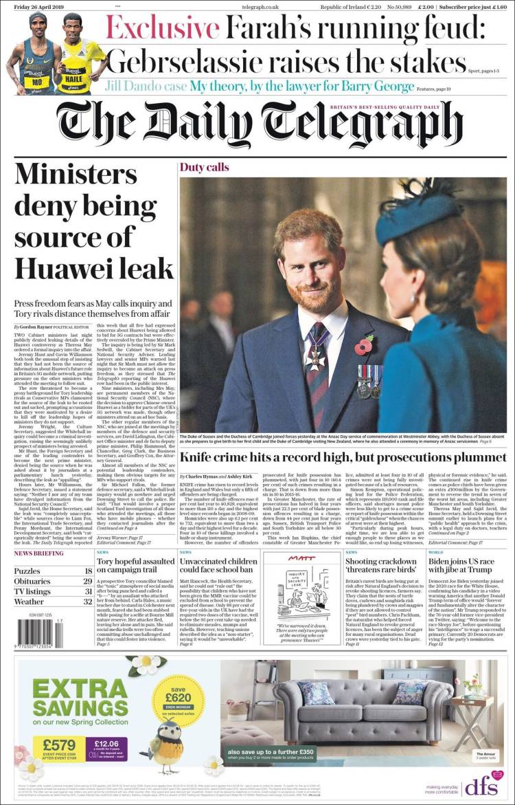 Portada de Daily Telegraph (Reino Unido)