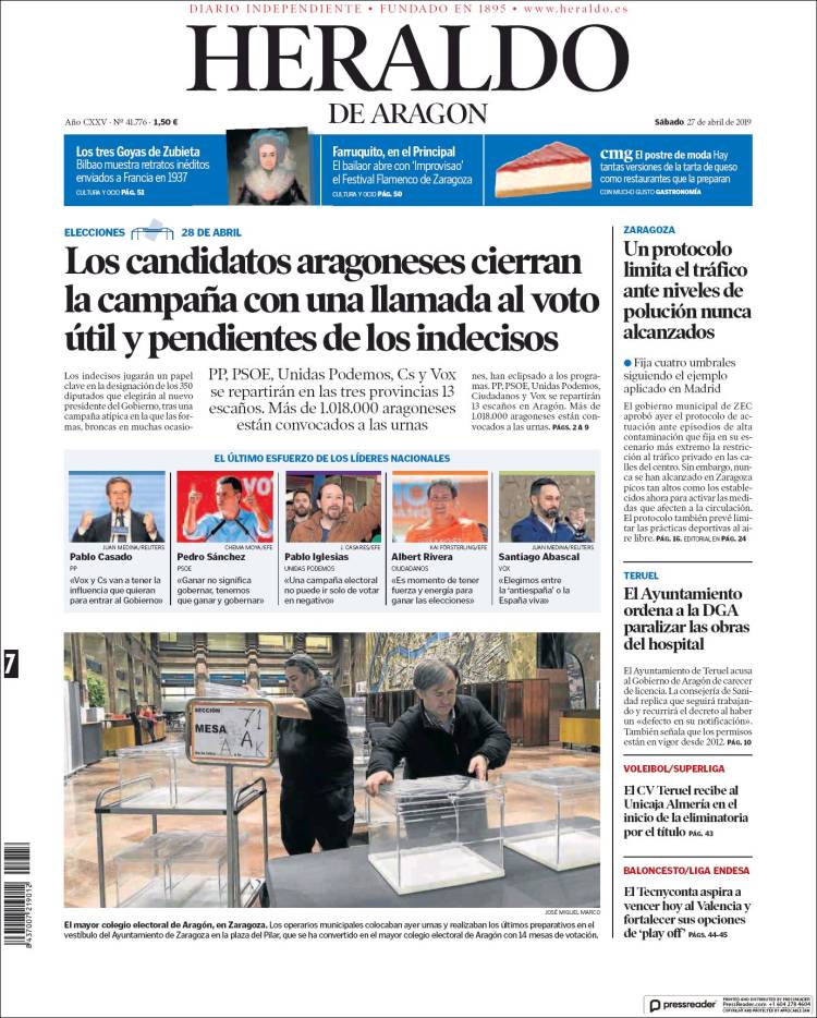 Portada de Heraldo de Aragón (España)