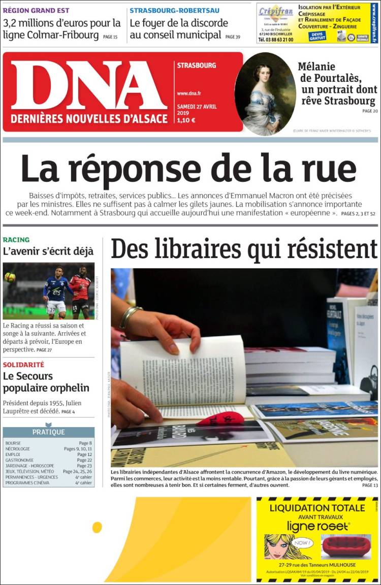 Portada de Les Dernières Nouvelles d'Alsace (Francia)