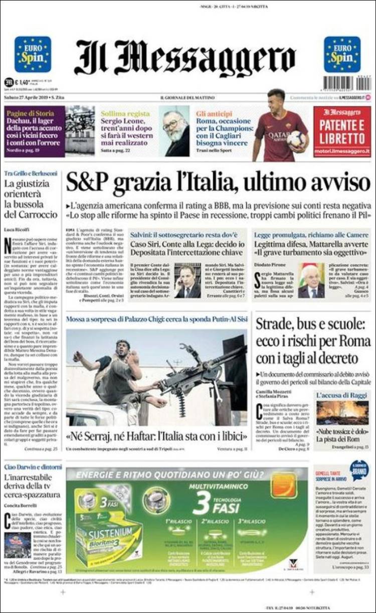 Portada de Il Messaggero (Italia)