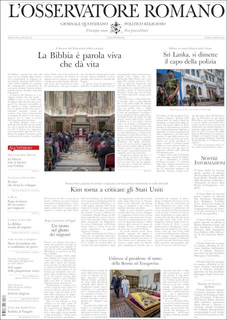Portada de L'Osservatore Romano (Italia)