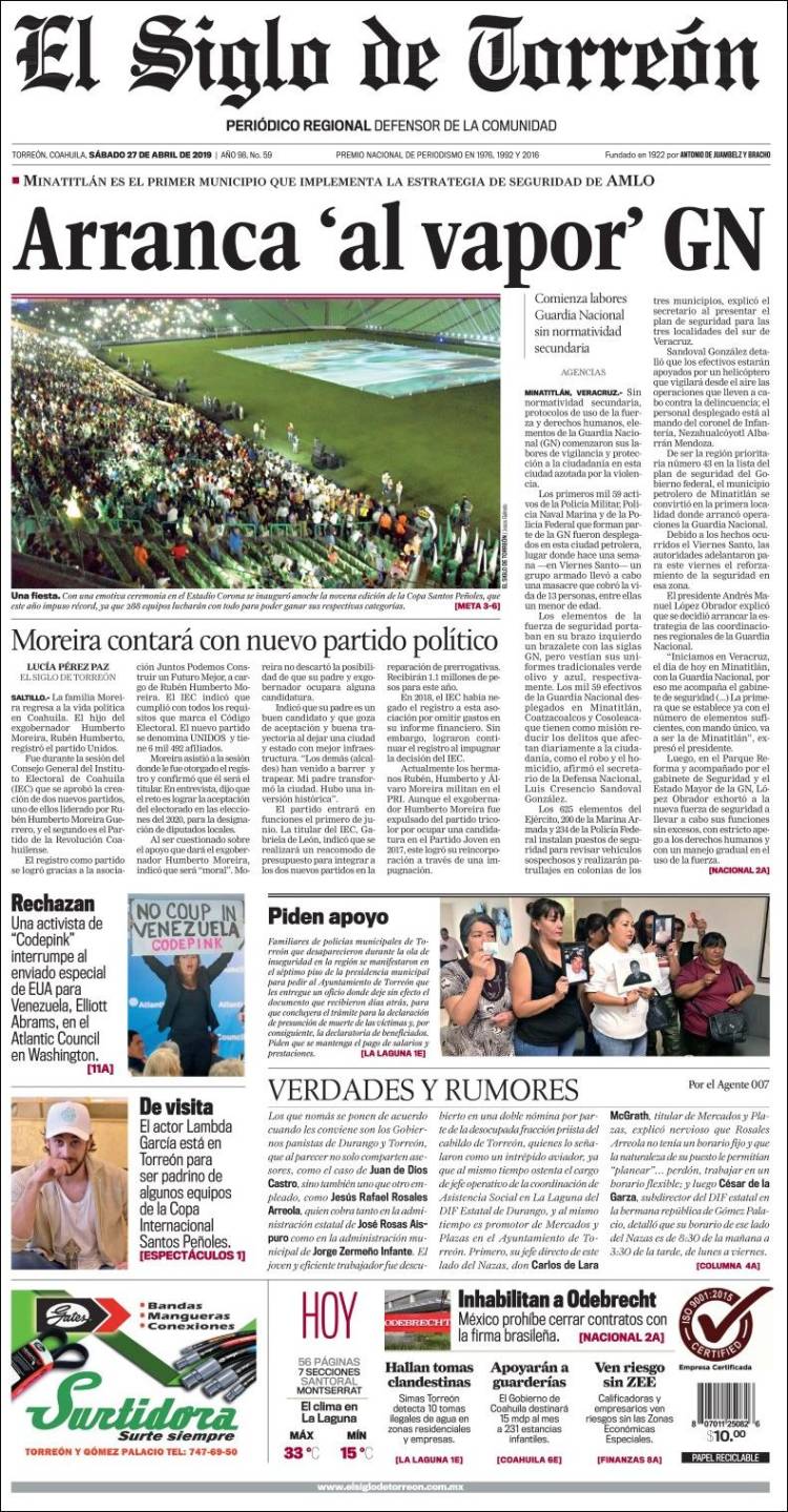 Portada de El Siglo de Torreon (M&eacute;xico)