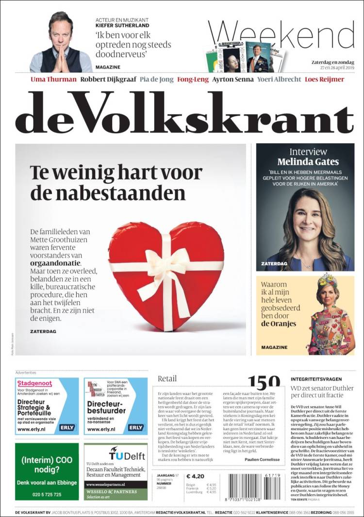 Portada de De Volkskrant (Pa&iacute;ses Bajos)