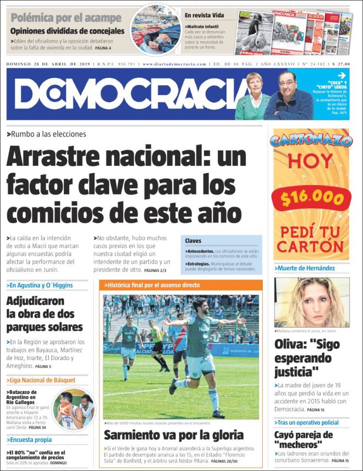 Portada de Diario Democracia (Argentina)