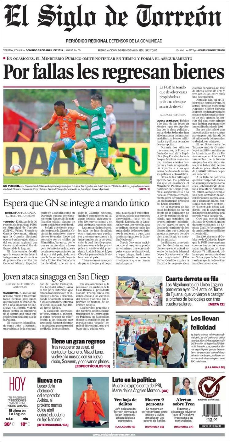 Portada de El Siglo de Torreon (M&eacute;xico)