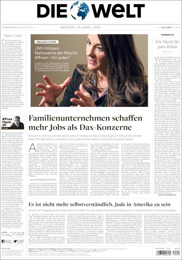 Portada de Die Welt (Alemania)
