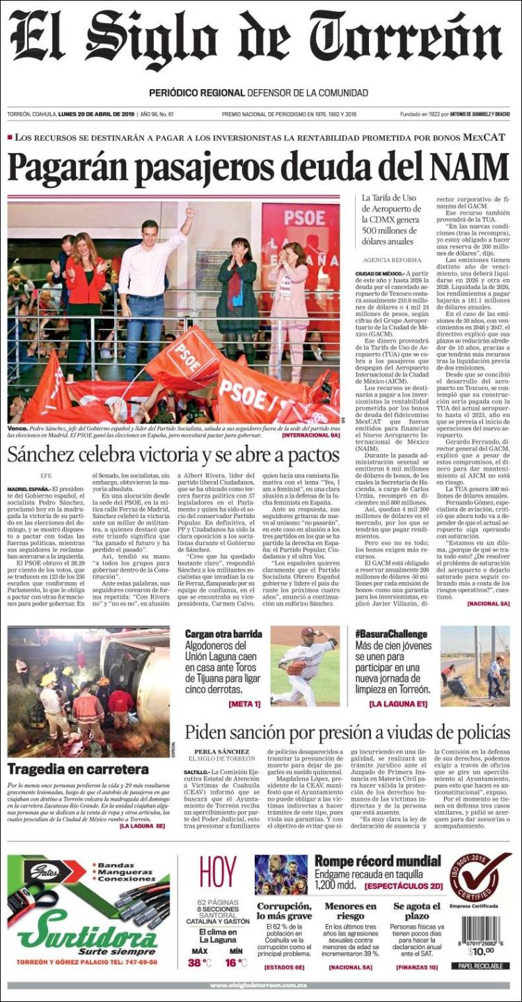 Portada de El Siglo de Torreon (M&eacute;xico)