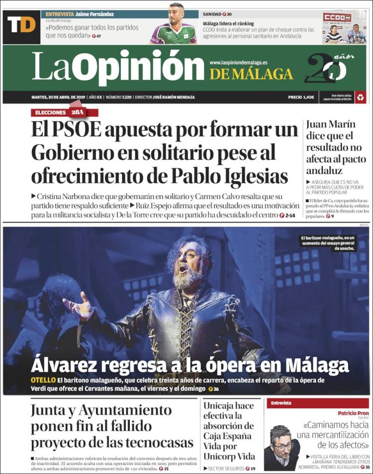 Portada de La Opinión de Málaga (España)