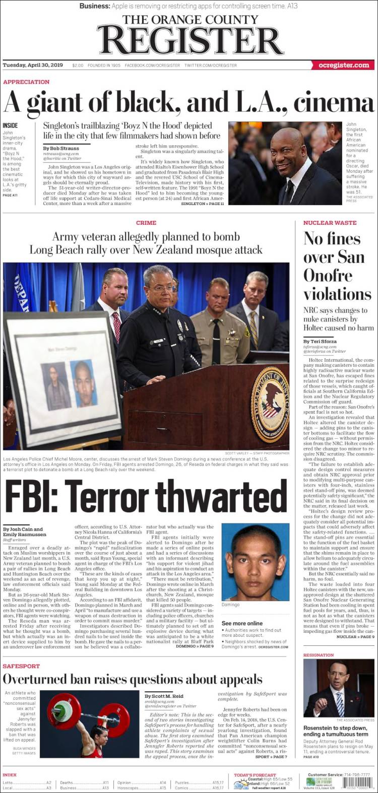 Portada de The Orange County Register (USA)