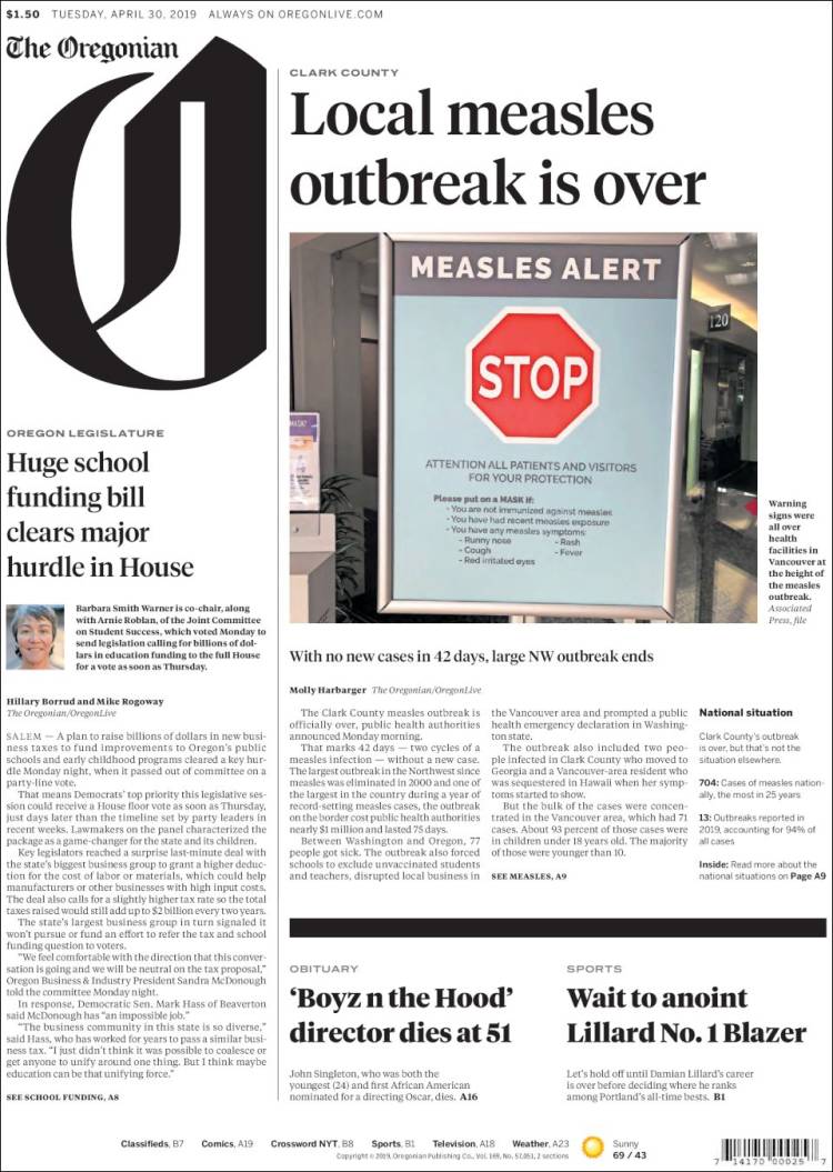 Portada de The Oregonian (USA)