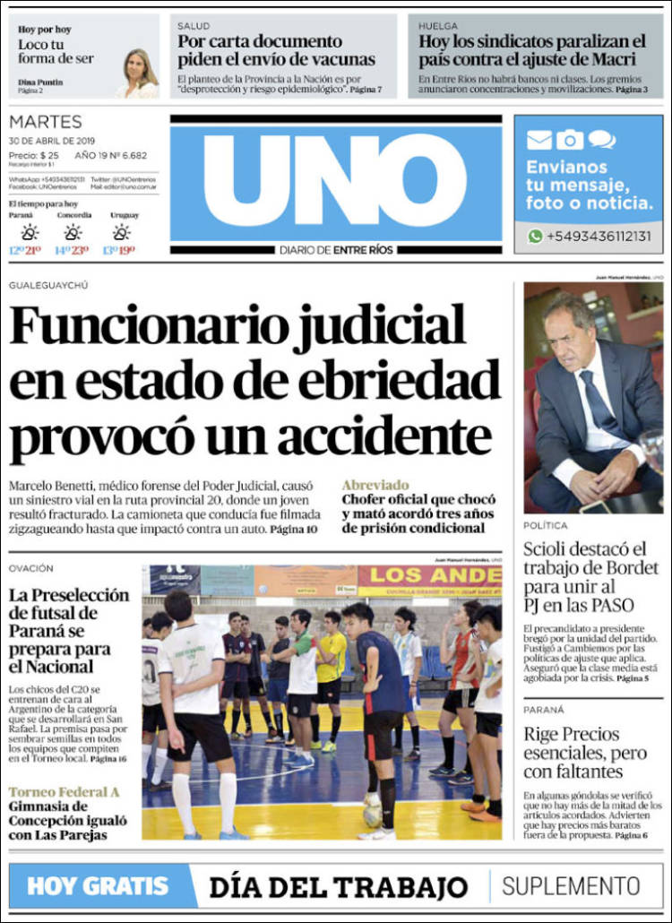Portada de Diario Uno de Entre Ríos (Argentina)