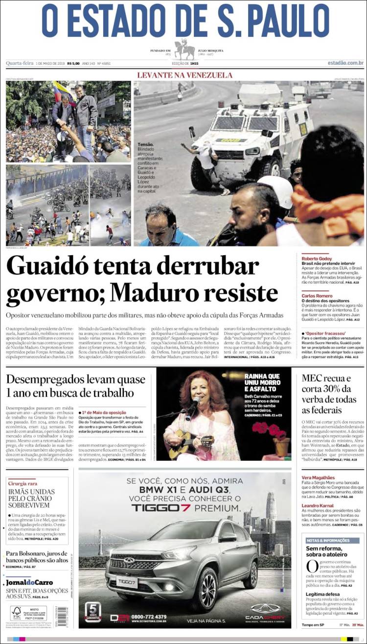 Portada de O Estado de São Paulo (Brasil)