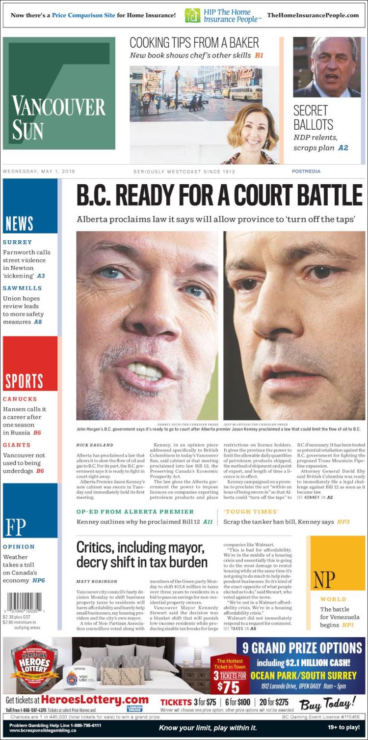 Portada de The Vancouver Sun (Canadá)