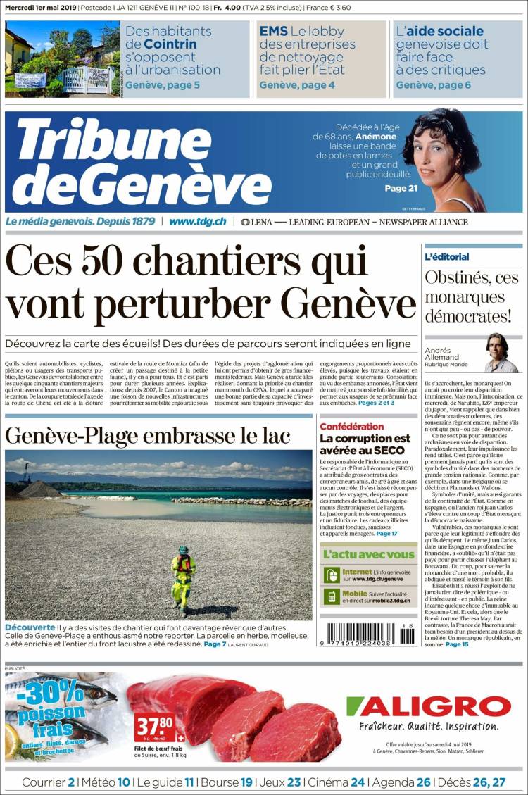 Portada de La Tribune de Genève (Suiza)