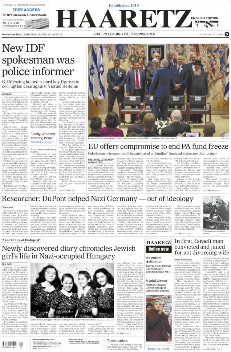 Portada de Haaretz (Israel)