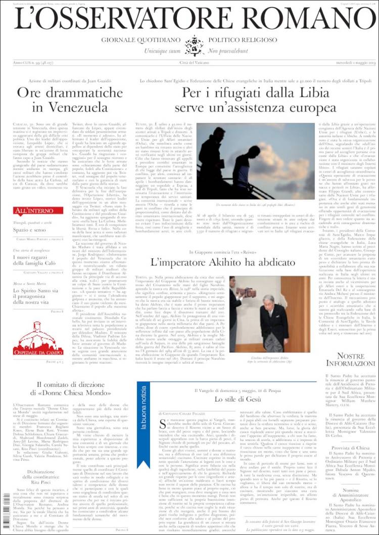 Portada de L'Osservatore Romano (Italia)