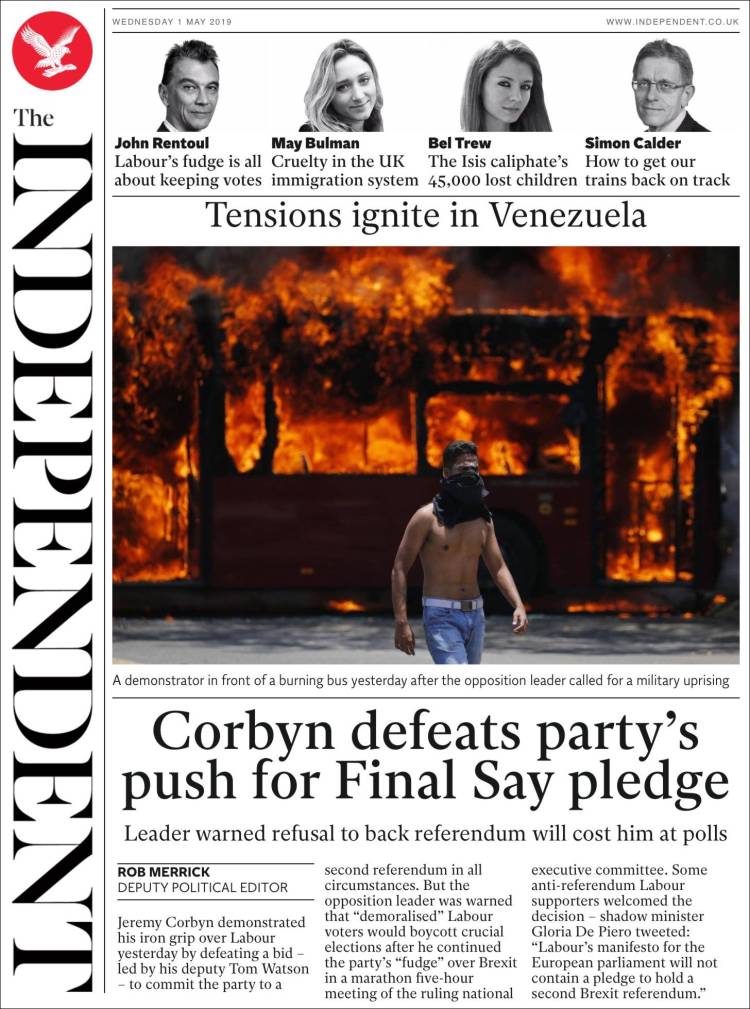 Portada de The Independent (Reino Unido)