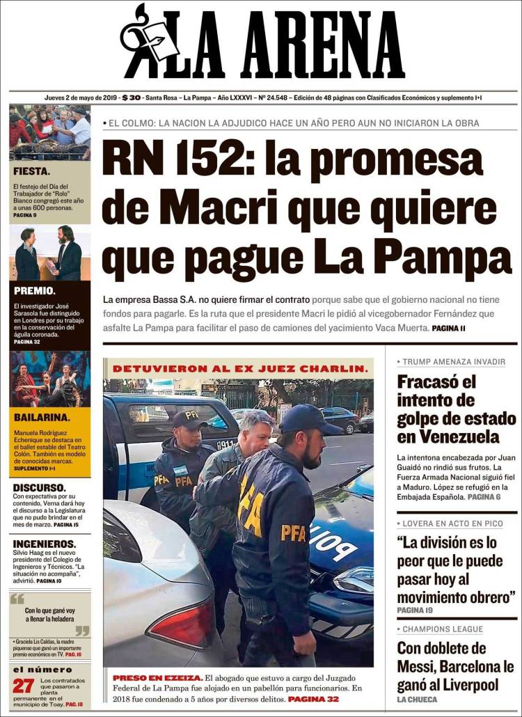 Portada de Diario La Arena (Argentina)