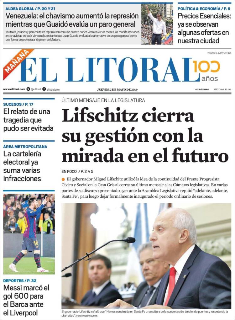Portada de Diario El Litoral (Argentina)