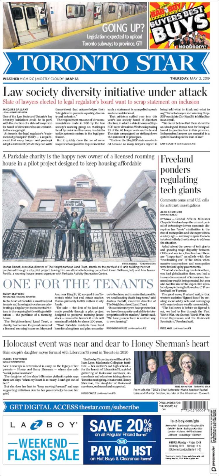 Portada de The Toronto Star (Canadá)