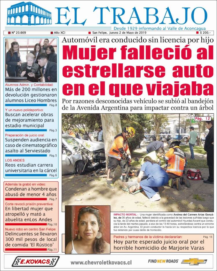 Portada de El Trabajo (Chile)