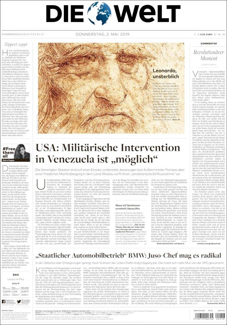 Portada de Die Welt (Alemania)