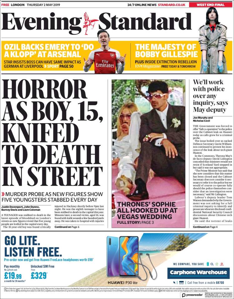 Portada de Evening Standard (Reino Unido)