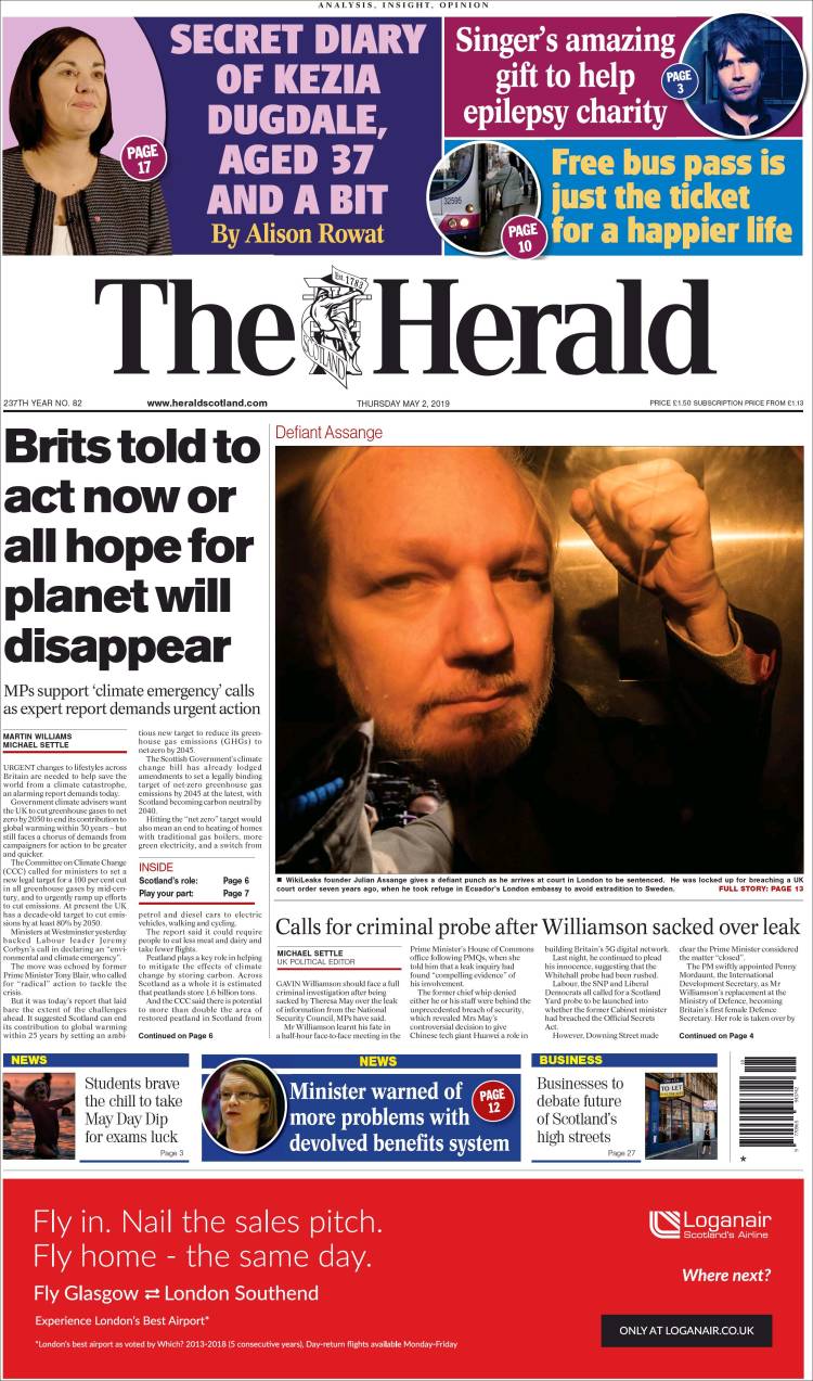 Portada de The Herald (Reino Unido)