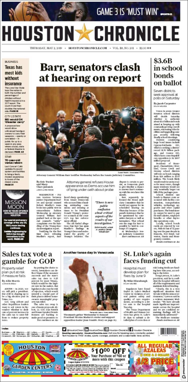 Portada de Houston Chronicle (USA)