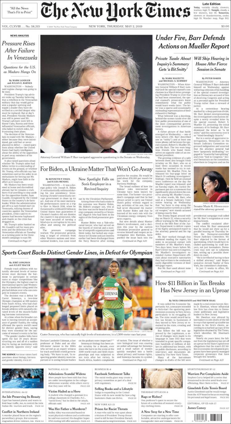 Portada de New York Times (USA)