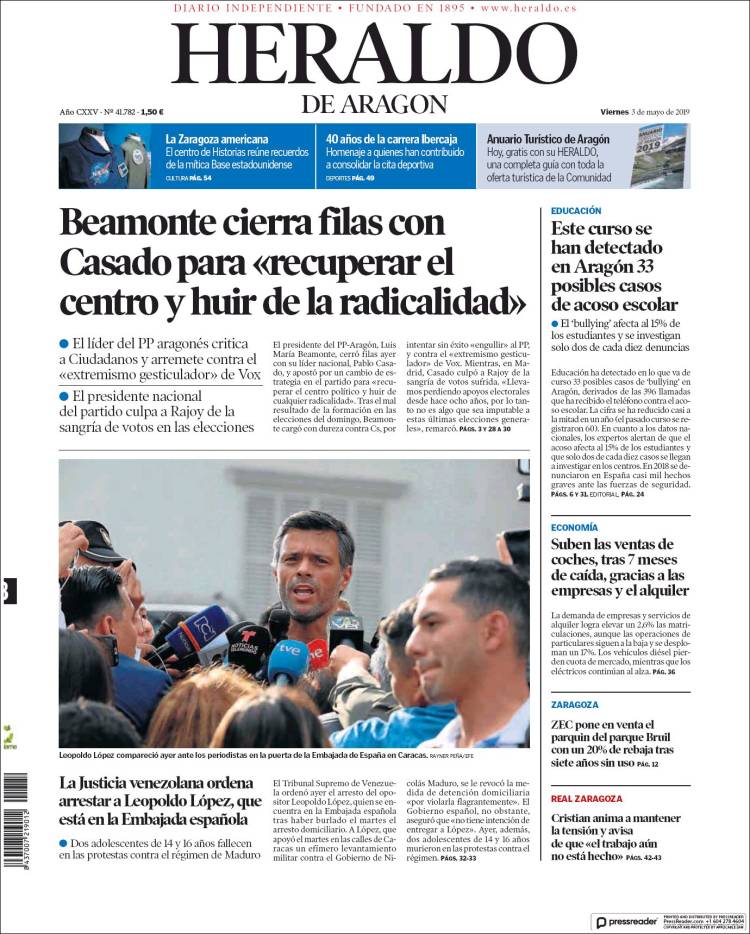 Portada de Heraldo de Aragón (España)