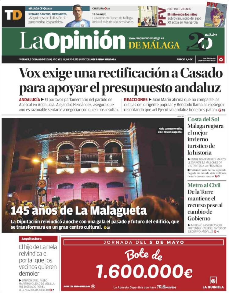 Portada de La Opinión de Málaga (España)