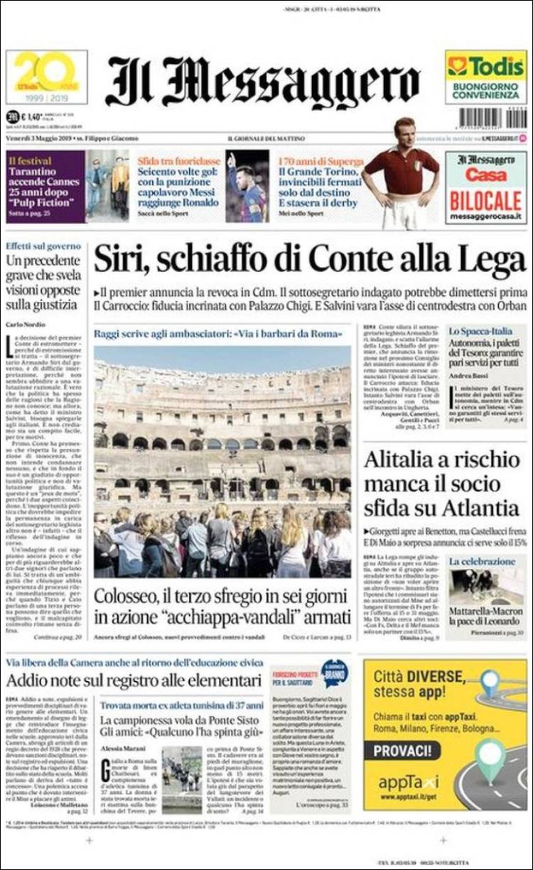 Portada de Il Messaggero (Italia)