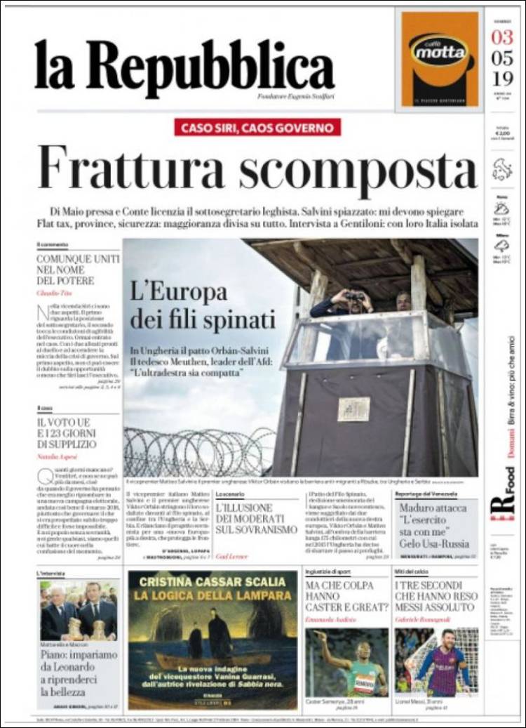 Portada de La Repubblica (Italia)